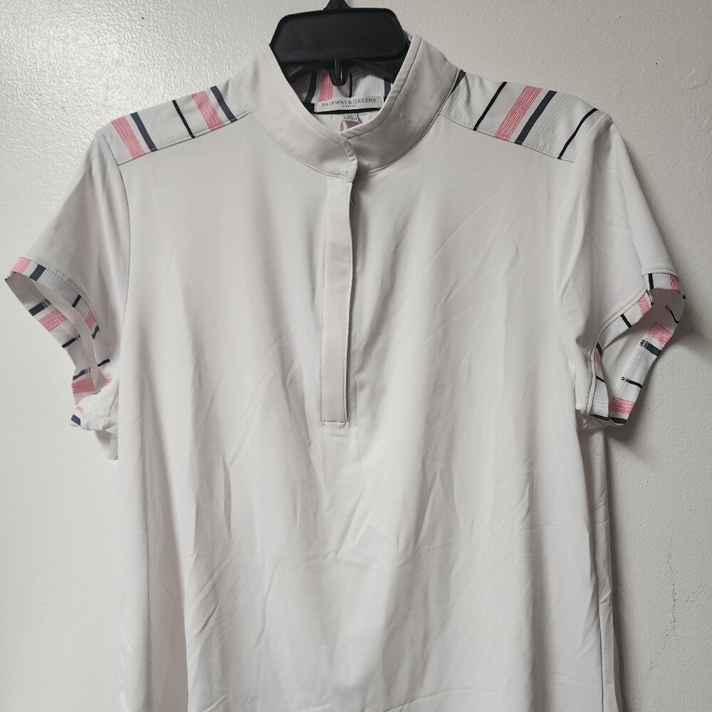 Fairway & Greene Women's White Stripe Poppy Zip Mock Polo Shirt XL Tennis NWT